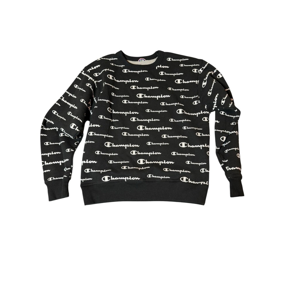 CHAMPION Authentic Athleticwear All Over Logo Print Black Sweatshirt Size M
